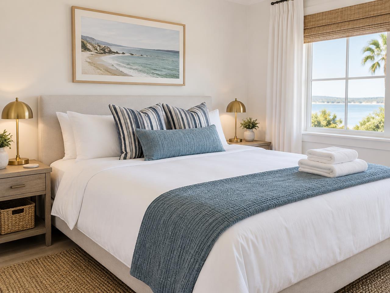 A guest-ready vacation rental bedroom with crisp white linens and folded towels
